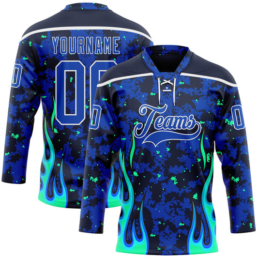 Custom Camo Thunder Blue Navy Green-White 3D Camouflage Flame Hockey Lace Neck Jersey - Main View