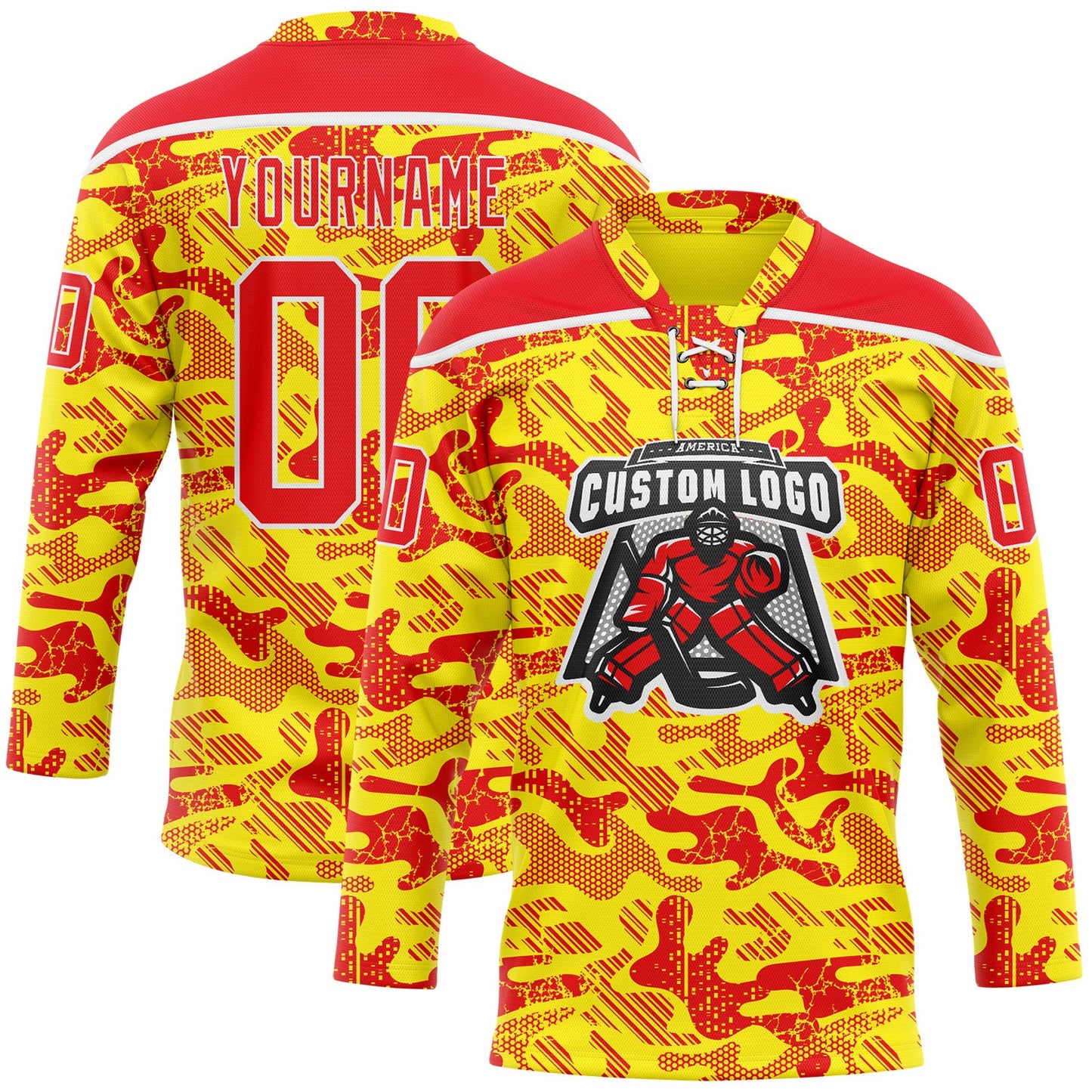 Custom Camo Fire Red Gold-White 3D Camouflage Hockey Lace Neck Jersey view 2