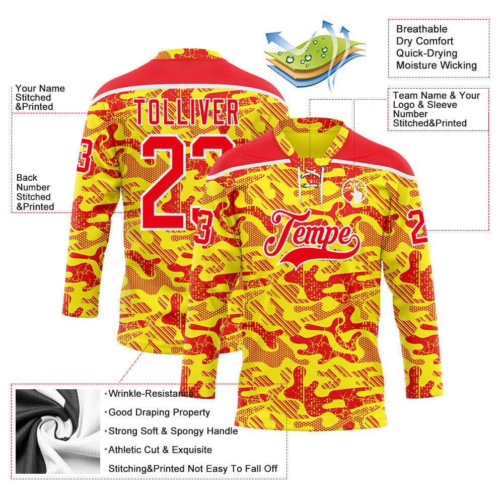 Custom Camo Fire Red Gold-White 3D Camouflage Hockey Lace Neck Jersey view 5