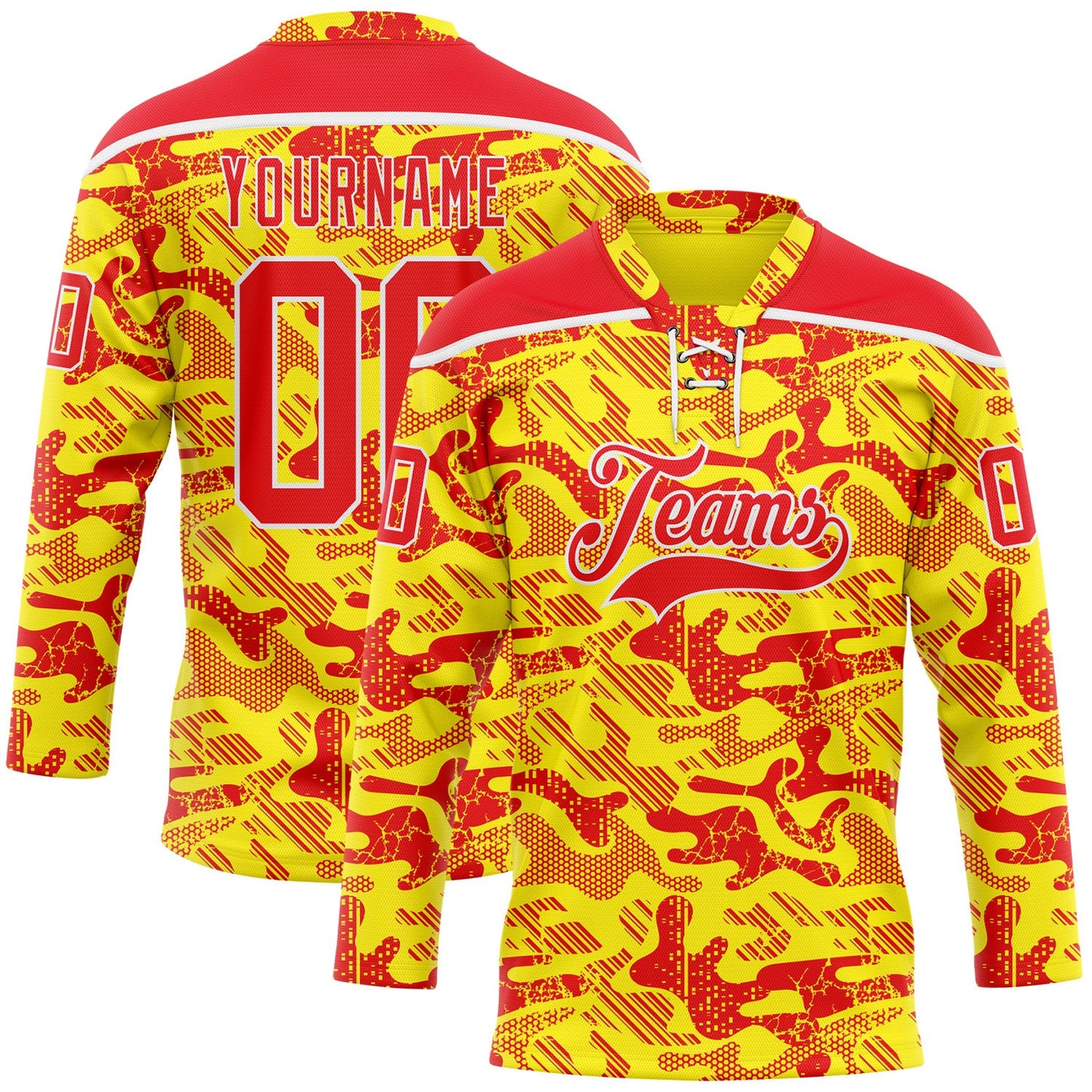Custom Camo Fire Red Gold-White 3D Camouflage Hockey Lace Neck Jersey - Main View