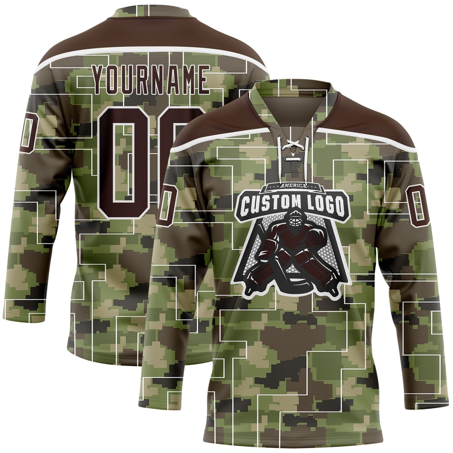 Custom Camo Brown-White 3D Camouflage Pixel Hockey Lace Neck Jersey view 2
