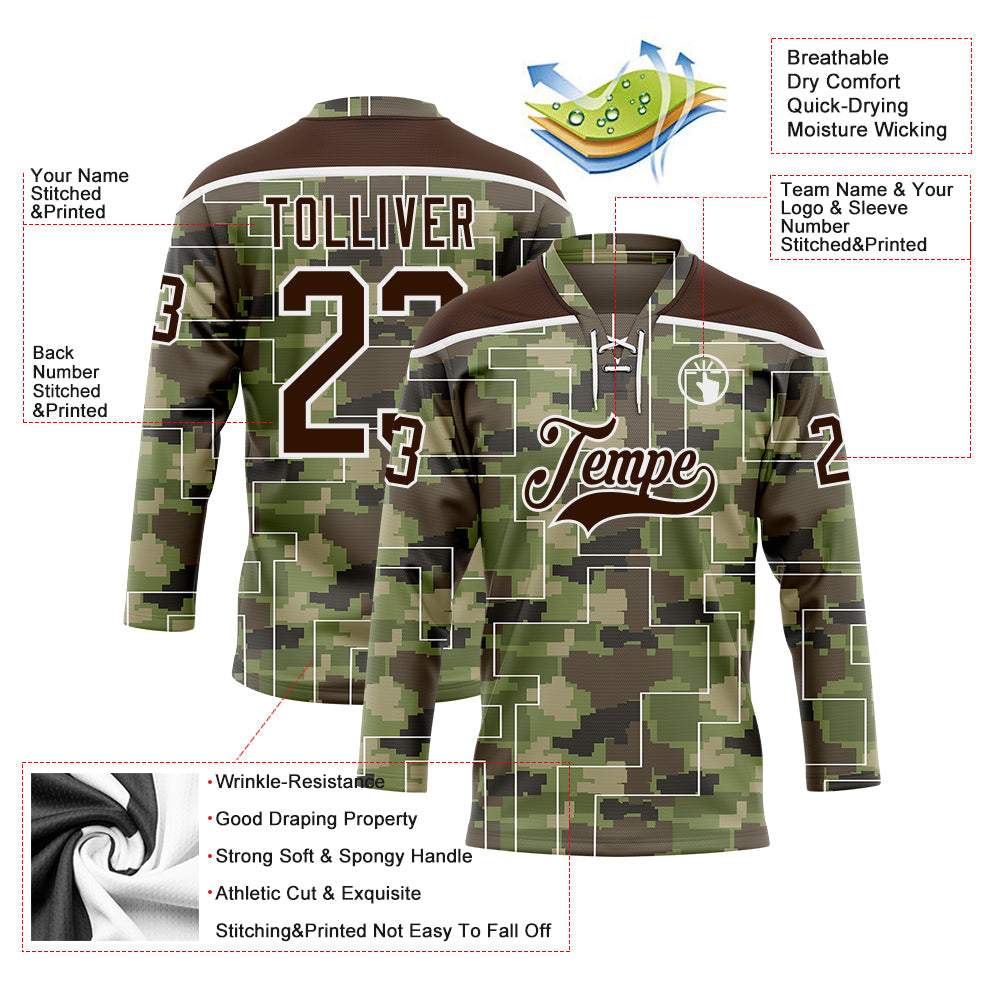 Custom Camo Brown-White 3D Camouflage Pixel Hockey Lace Neck Jersey view 5