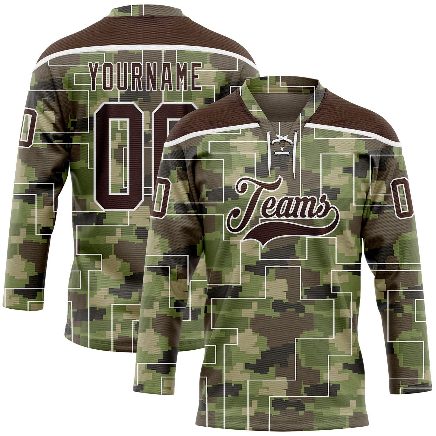 Custom Camo Brown-White 3D Camouflage Pixel Hockey Lace Neck Jersey - Main View
