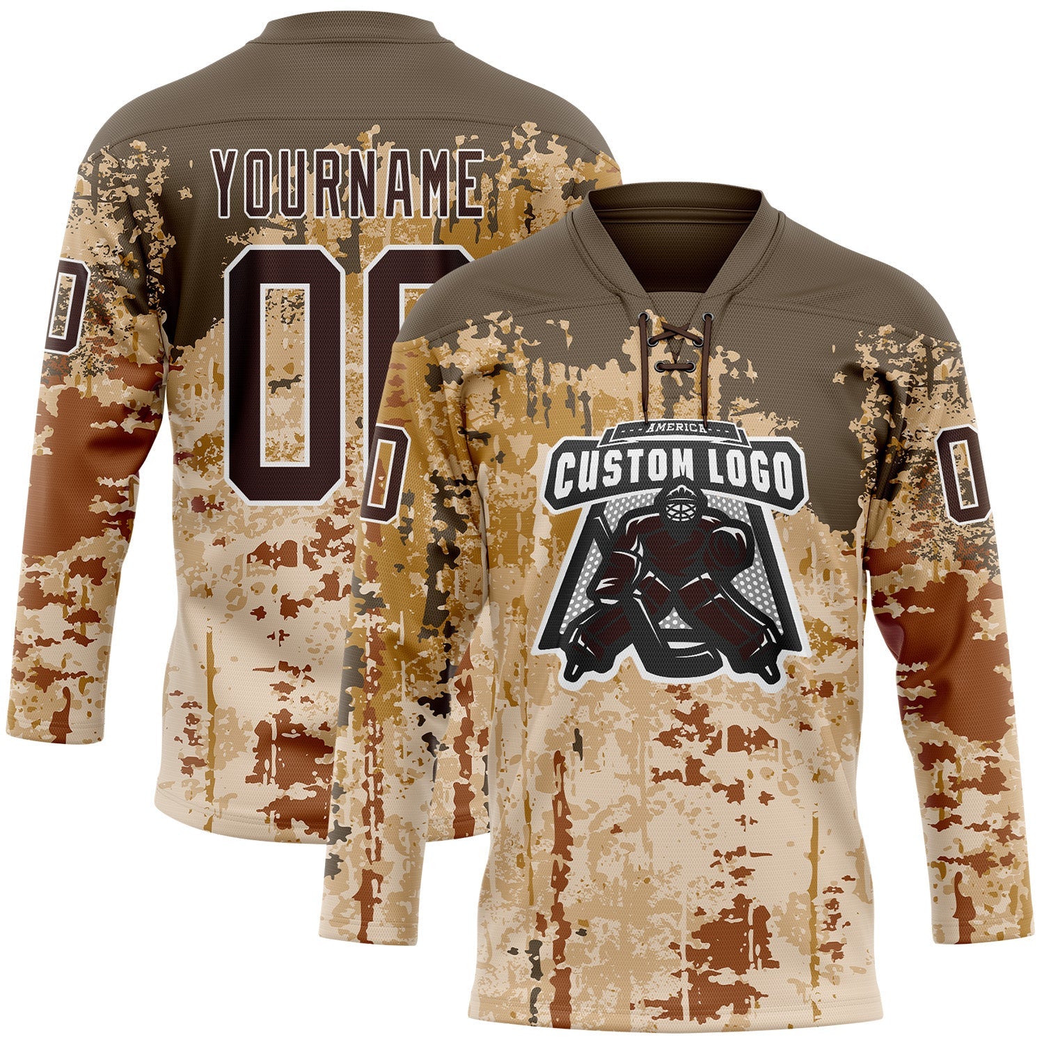 Custom Camo Brown-White 3D Camouflage Grunge Hockey Lace Neck Jersey view 2