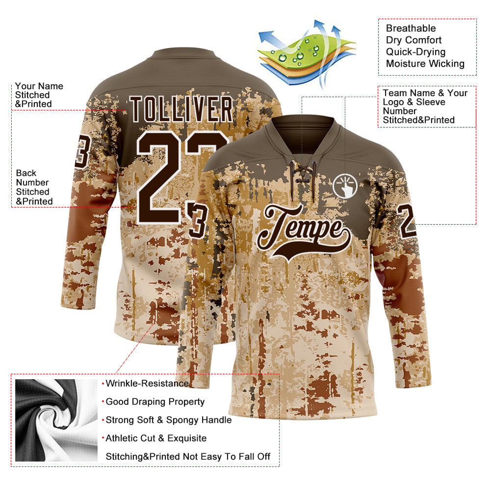Custom Camo Brown-White 3D Camouflage Grunge Hockey Lace Neck Jersey view 5