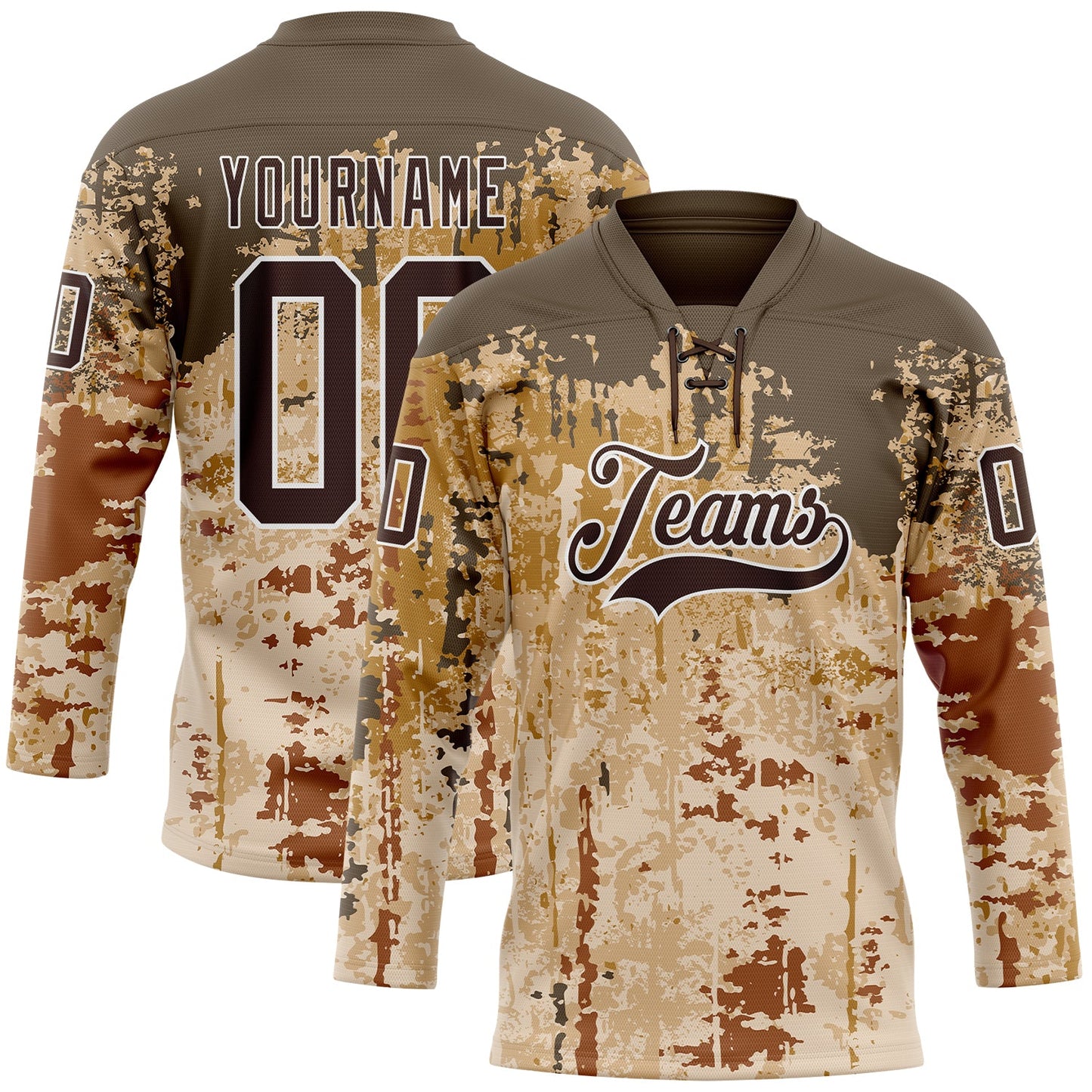 Custom Camo Brown-White 3D Camouflage Grunge Hockey Lace Neck Jersey - Main View