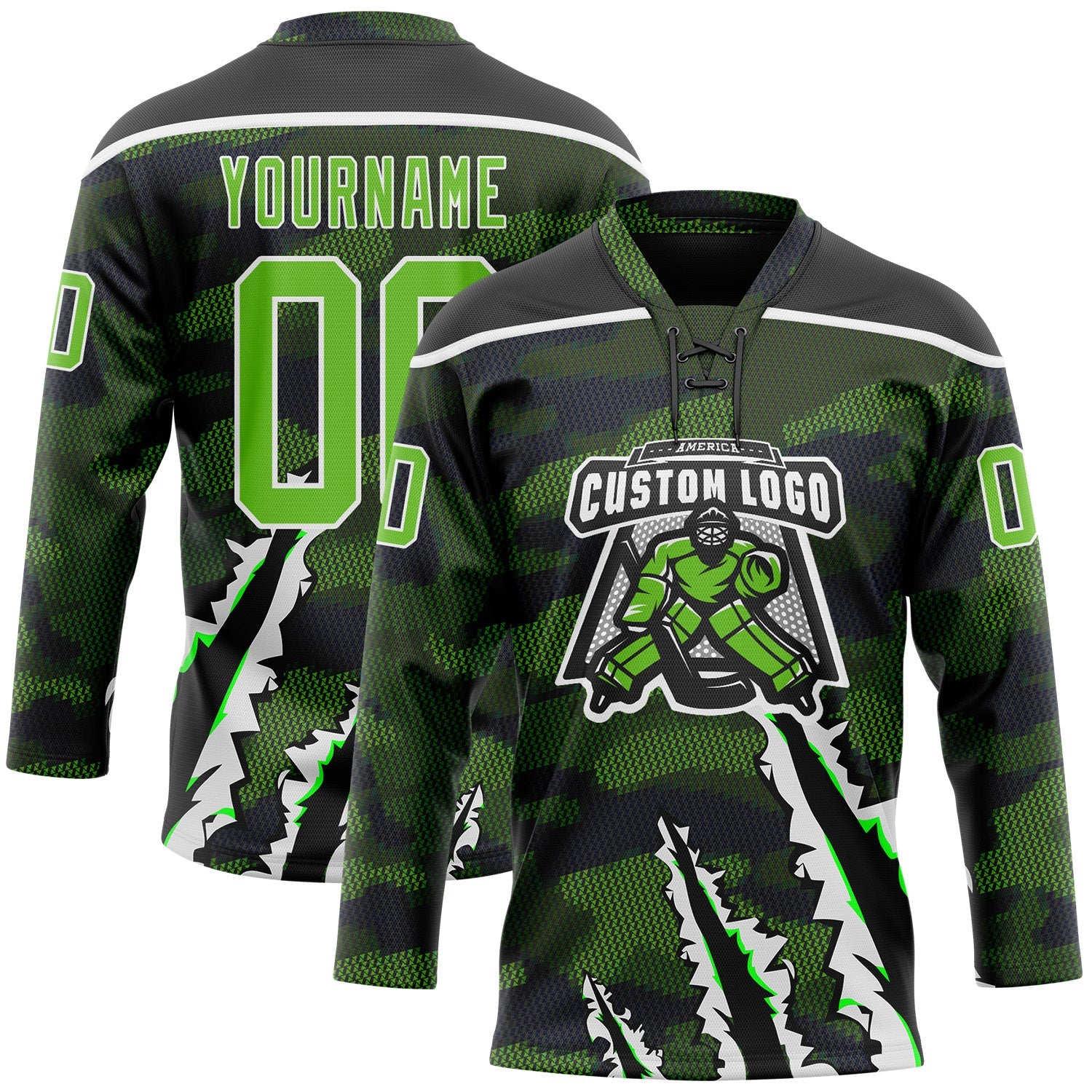 Custom Camo Aurora Green Black-White 3D Camouflage Claw Mark Hockey Lace Neck Jersey view 2