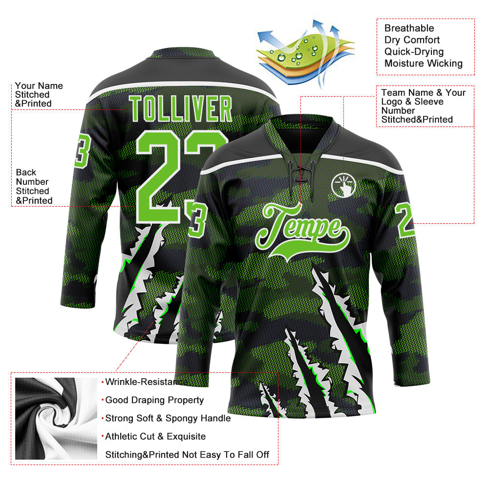 Custom Camo Aurora Green Black-White 3D Camouflage Claw Mark Hockey Lace Neck Jersey view 5