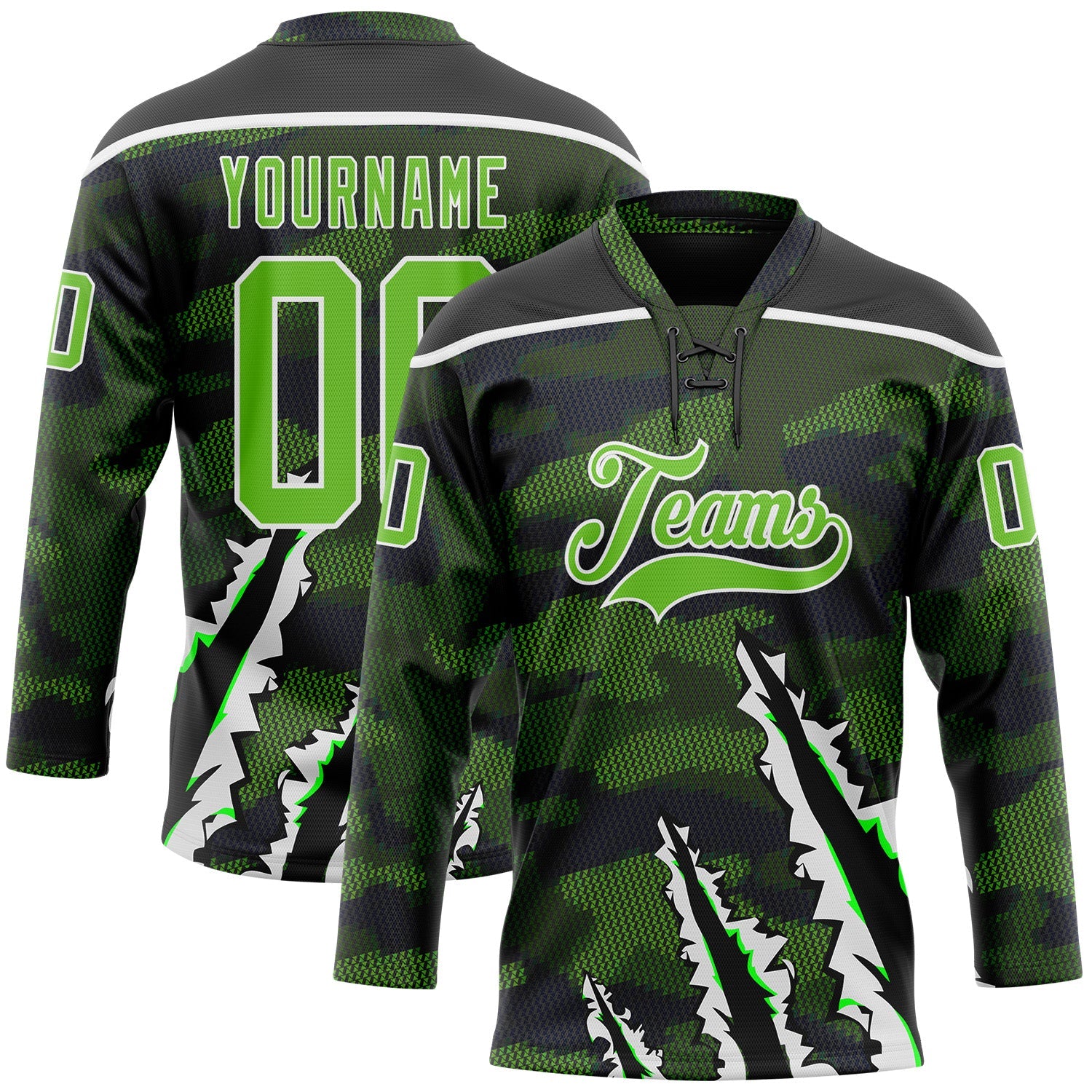 Custom Camo Aurora Green Black-White 3D Camouflage Claw Mark Hockey Lace Neck Jersey - Main View