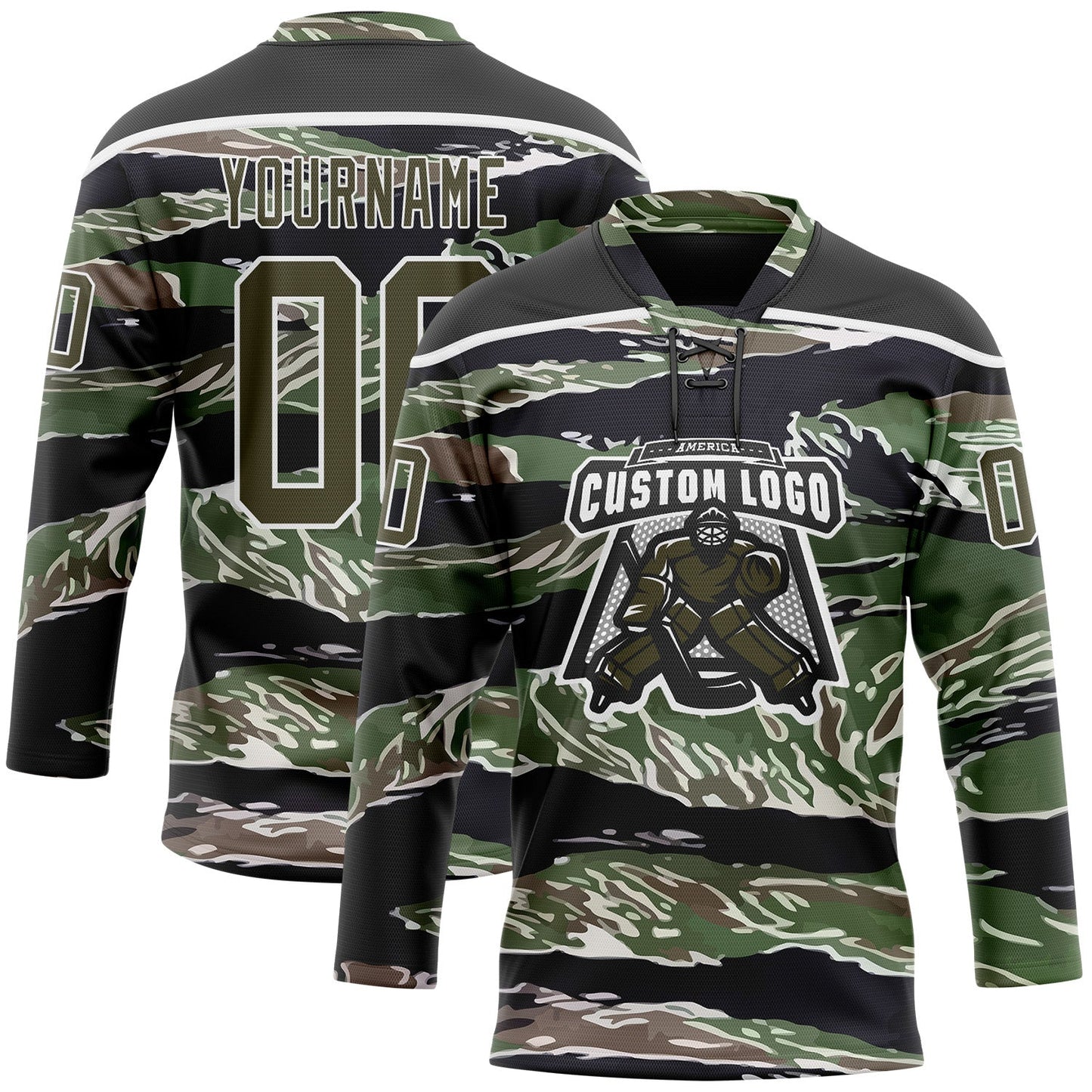 Custom Camo Olive Black-White 3D Camouflage Hockey Lace Neck Jersey view 2