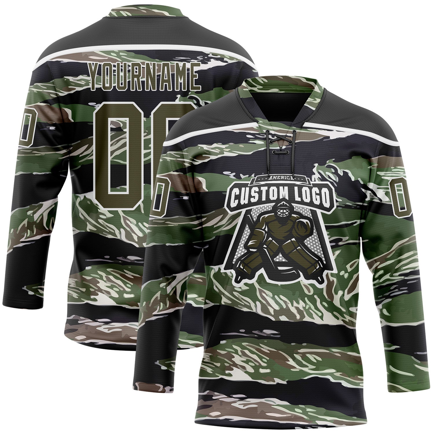 Custom Camo Olive Black-White 3D Camouflage Hockey Lace Neck Jersey view 2