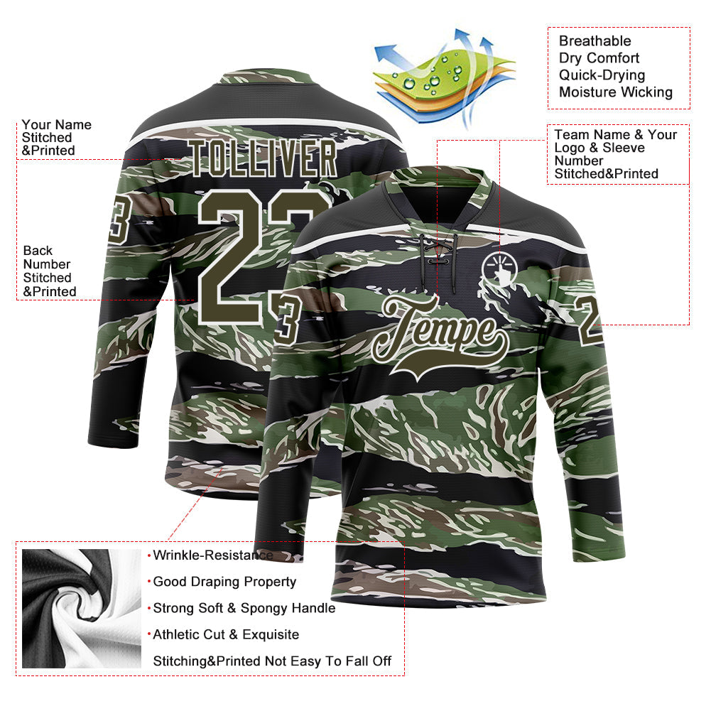 Custom Camo Olive Black-White 3D Camouflage Hockey Lace Neck Jersey view 5