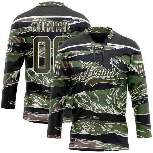 Custom Camo Olive Black-White 3D Camouflage Hockey Lace Neck Jersey - Main View