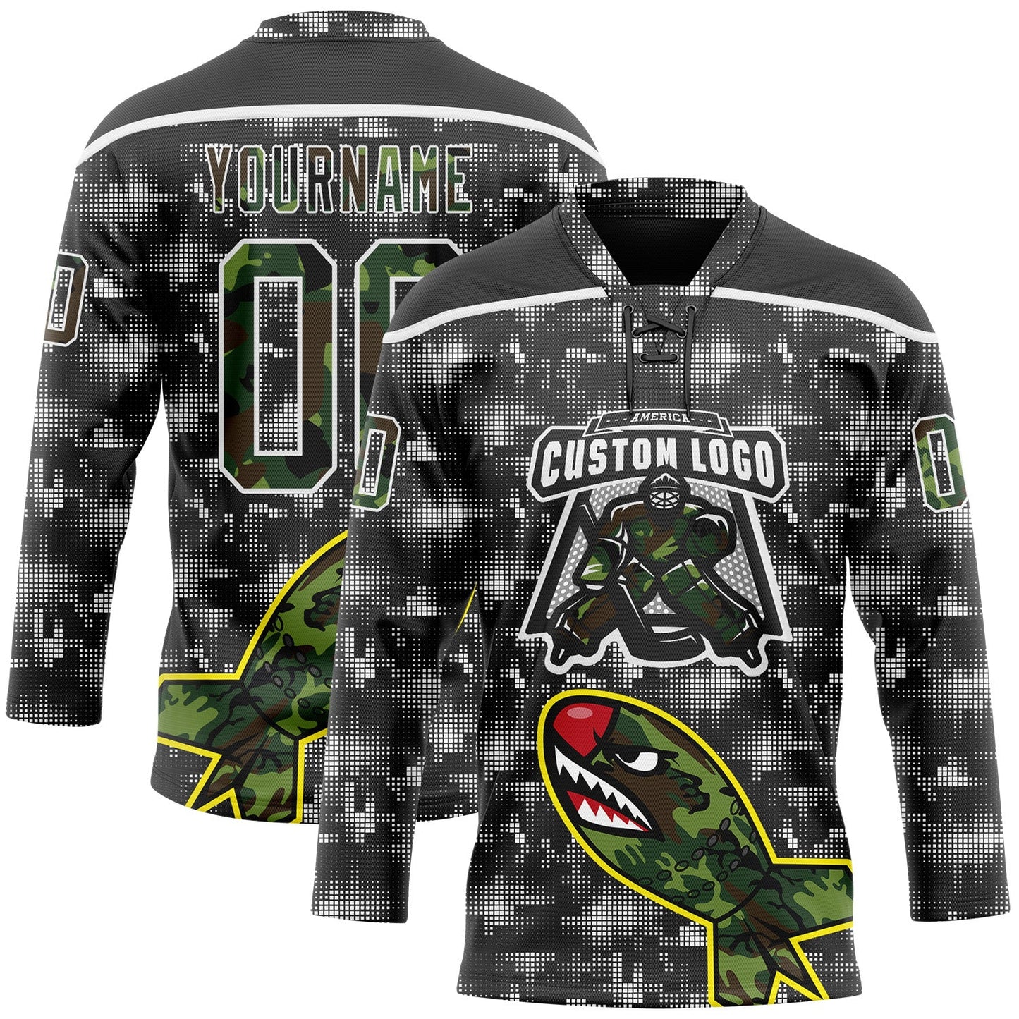 Custom Camo Black-White 3D Camouflage Digital Hockey Lace Neck Jersey view 2