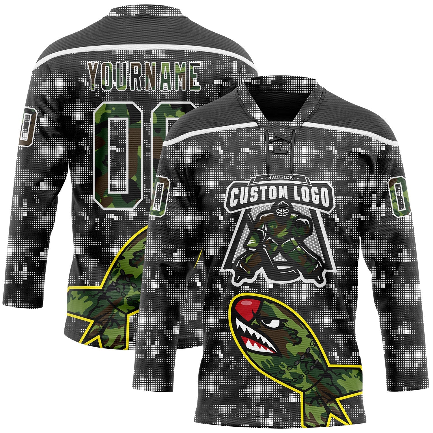 Custom Camo Black-White 3D Camouflage Digital Hockey Lace Neck Jersey view 2