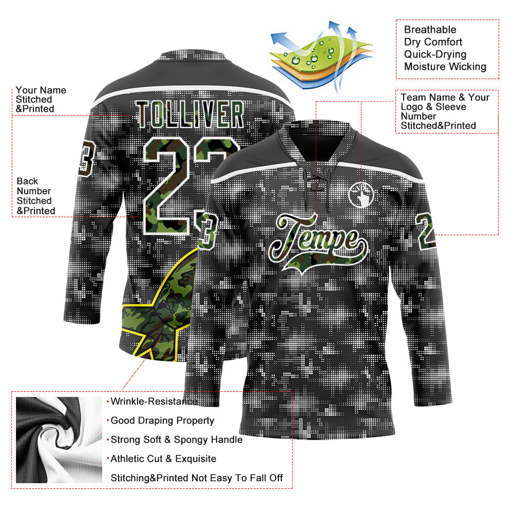 Custom Camo Black-White 3D Camouflage Digital Hockey Lace Neck Jersey view 5