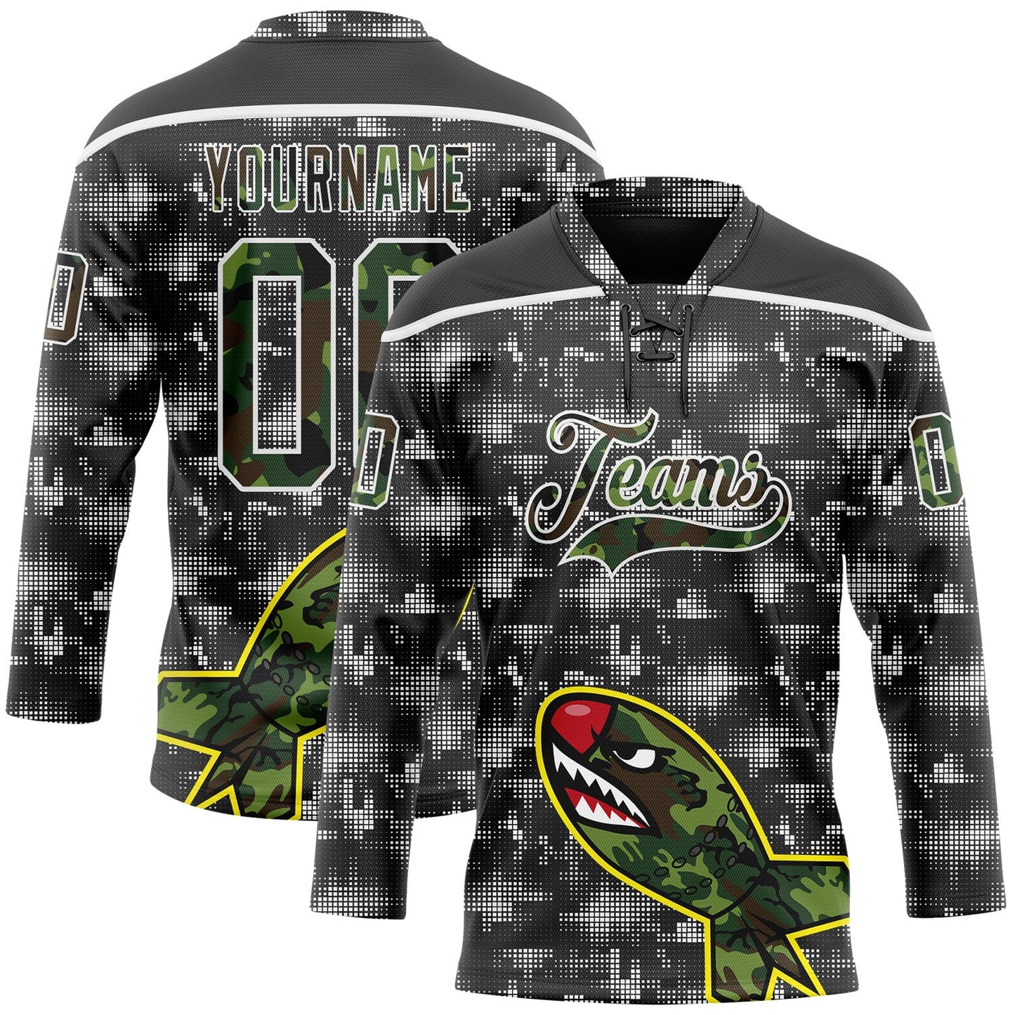 Custom Camo Black-White 3D Camouflage Digital Hockey Lace Neck Jersey - Main View
