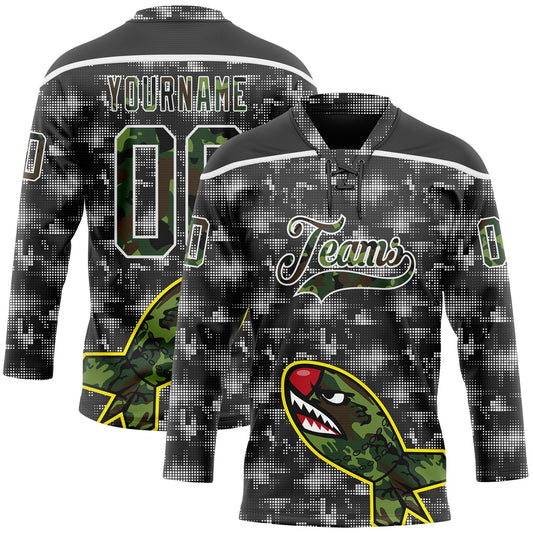 Custom Camo Black-White 3D Camouflage Digital Hockey Lace Neck Jersey - Main View