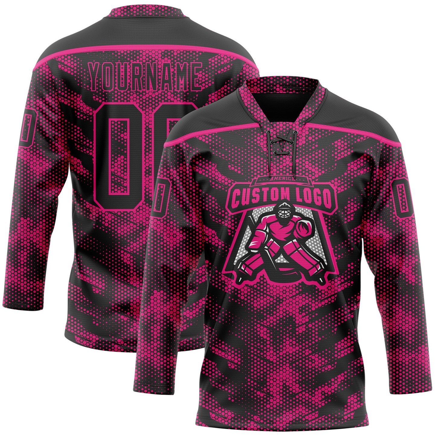 Custom Camo Black-Hot Pink 3D Camouflage Digital Hockey Lace Neck Jersey view 2