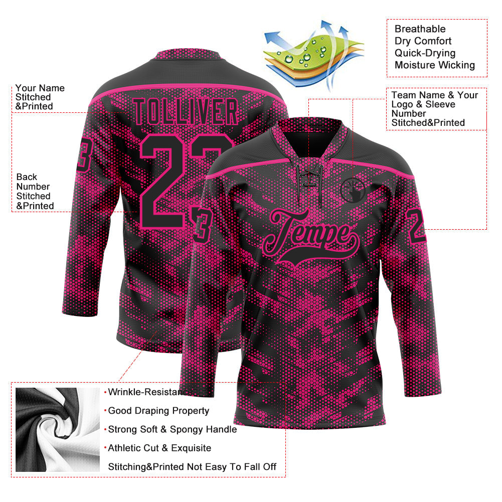 Custom Camo Black-Hot Pink 3D Camouflage Digital Hockey Lace Neck Jersey view 5