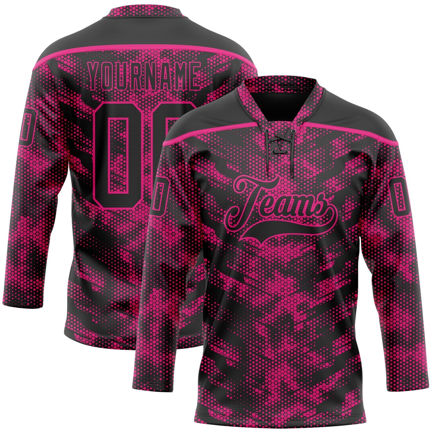 Custom Camo Black-Hot Pink 3D Camouflage Digital Hockey Lace Neck Jersey - Main View