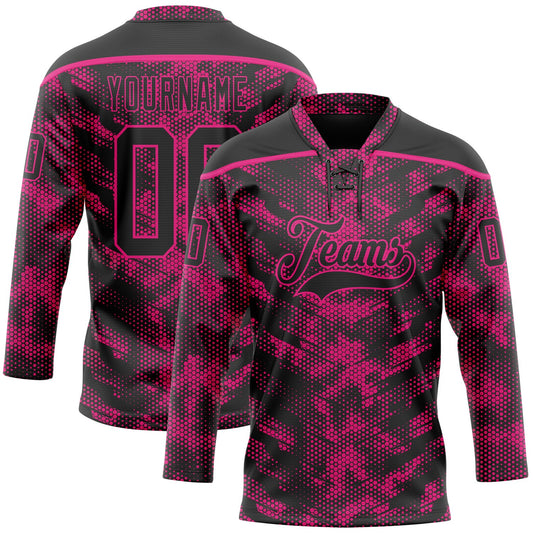 Custom Camo Black-Hot Pink 3D Camouflage Digital Hockey Lace Neck Jersey - Main View