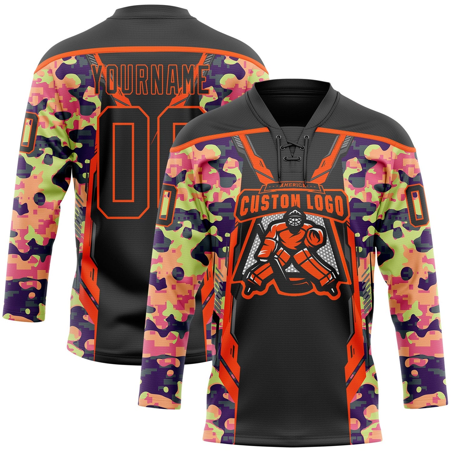 Custom Camo Black-Orange 3D Camouflage Pixel Hockey Lace Neck Jersey view 2