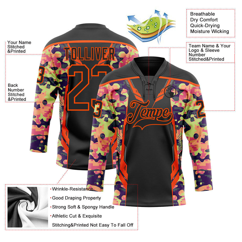 Custom Camo Black-Orange 3D Camouflage Pixel Hockey Lace Neck Jersey view 5