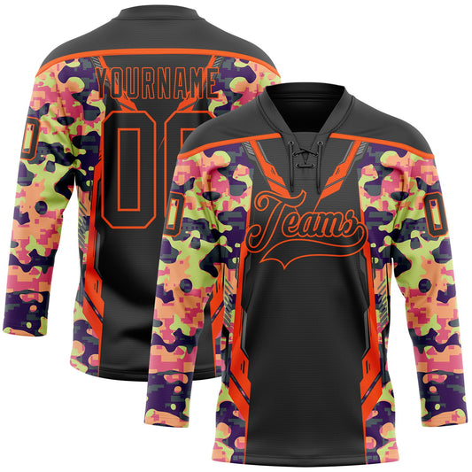 Custom Camo Black-Orange 3D Camouflage Pixel Hockey Lace Neck Jersey - Main View