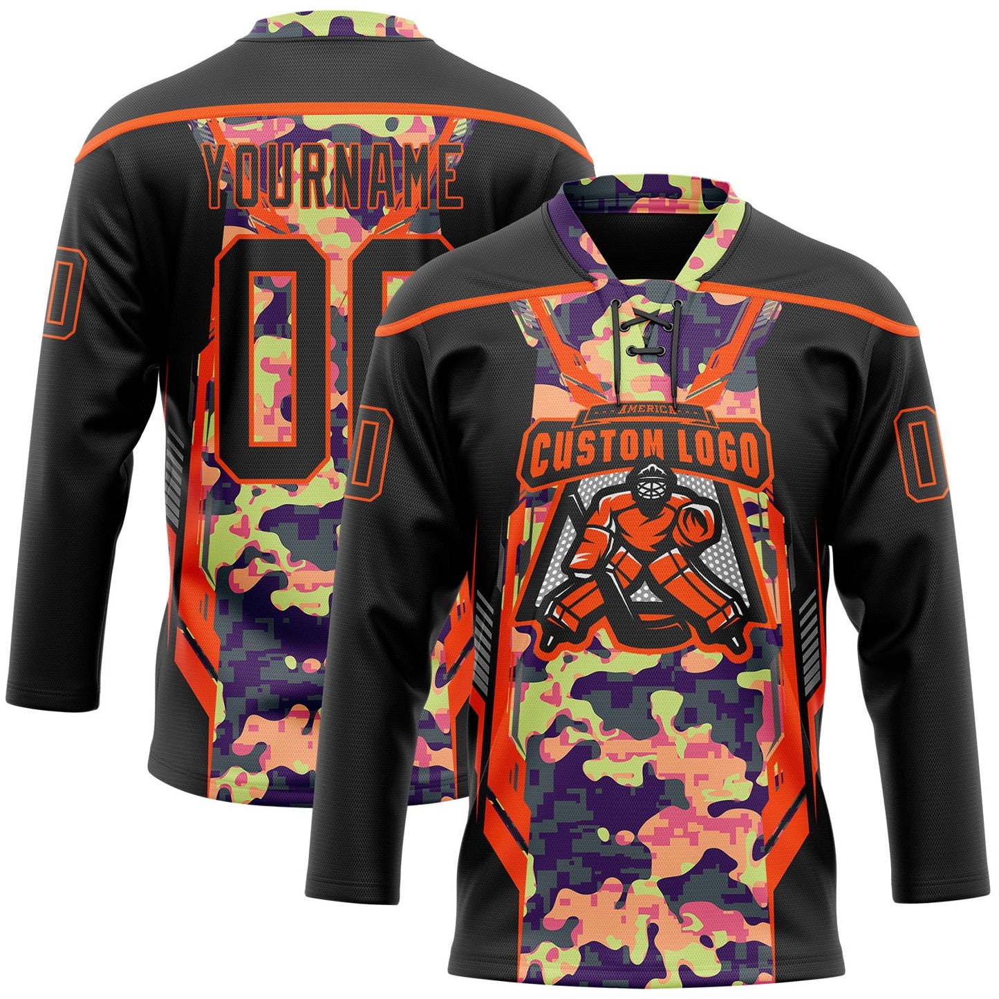 Custom Camo Black-Orange 3D Camouflage Pixel Hockey Lace Neck Jersey view 2