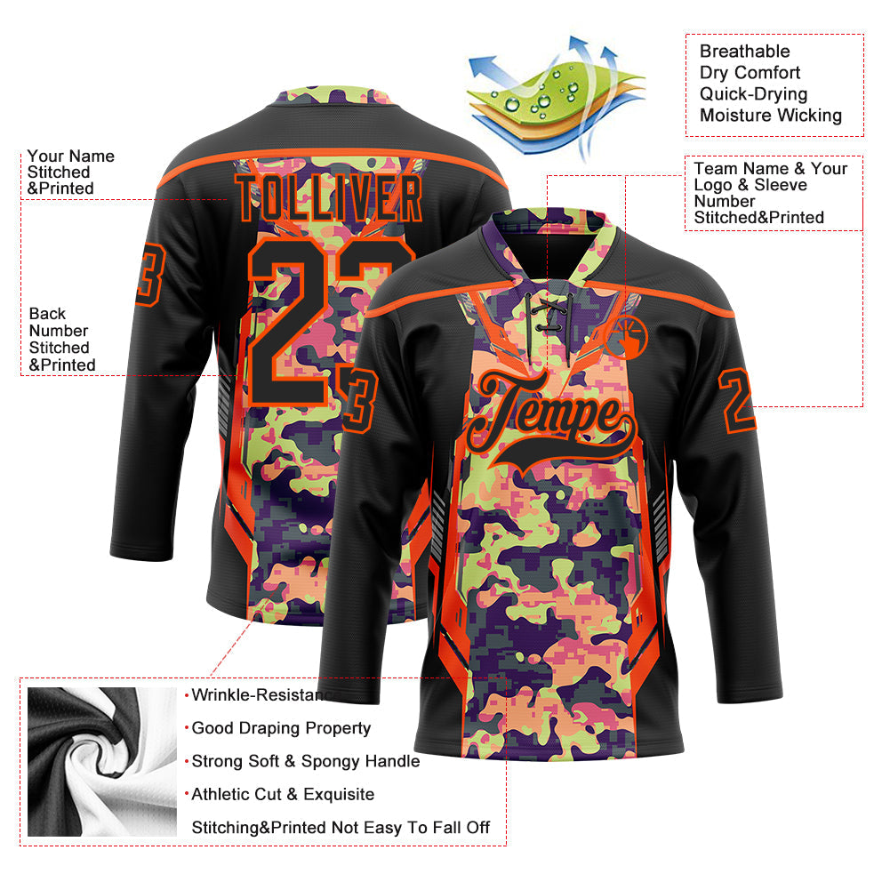 Custom Camo Black-Orange 3D Camouflage Pixel Hockey Lace Neck Jersey view 5