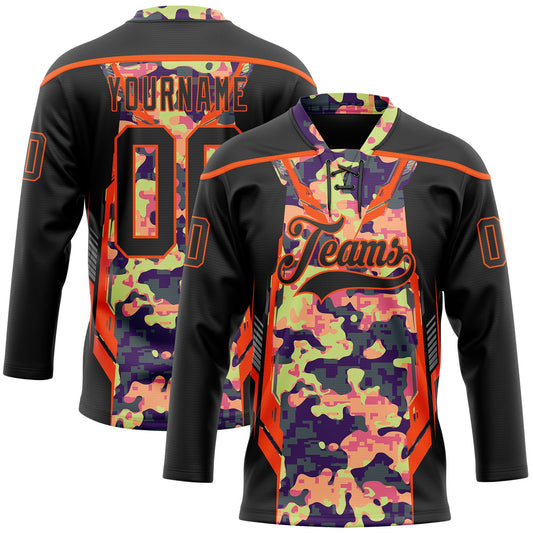 Custom Camo Black-Orange 3D Camouflage Pixel Hockey Lace Neck Jersey - Main View