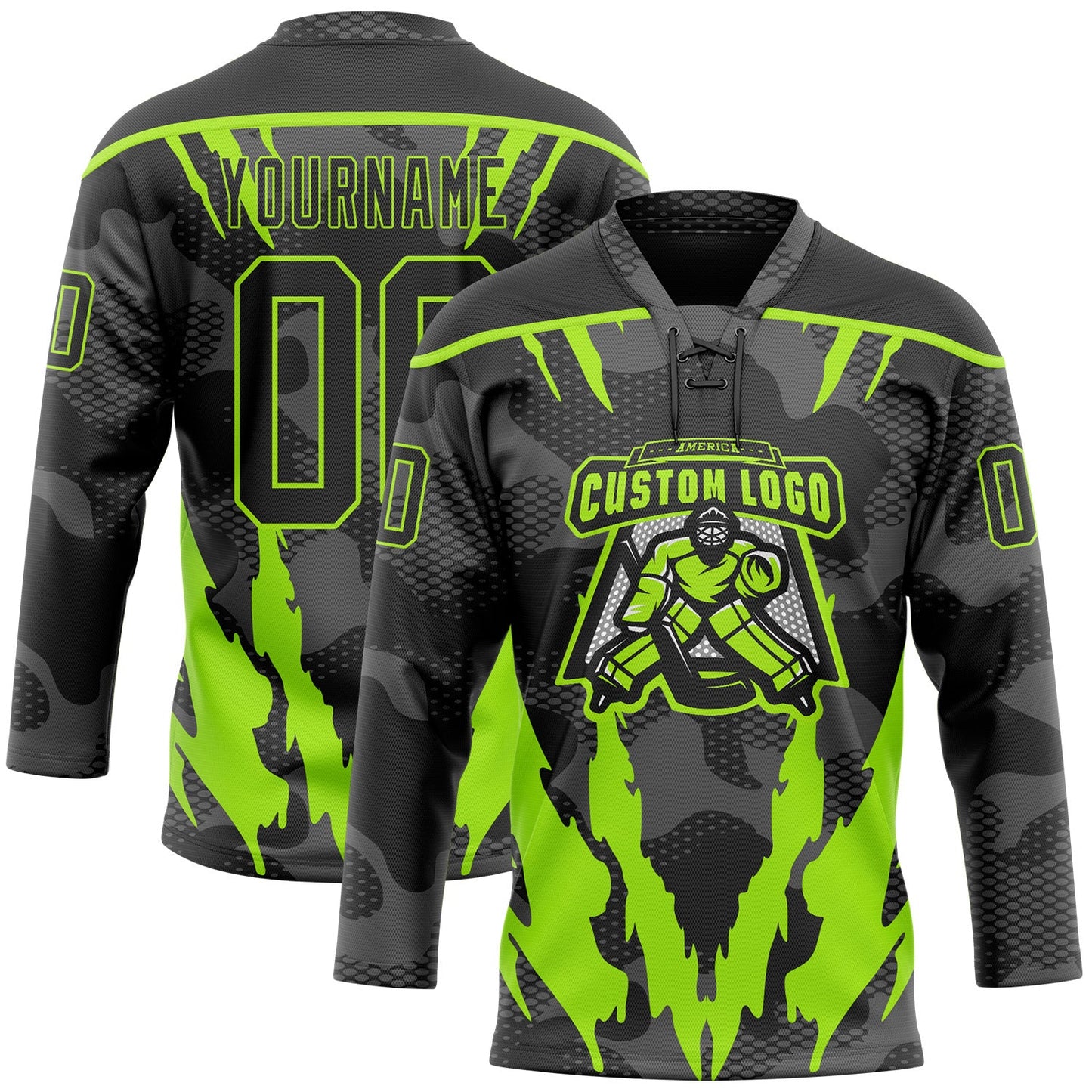 Custom Camo Black-Neon Green 3D Camouflage Hockey Lace Neck Jersey view 2