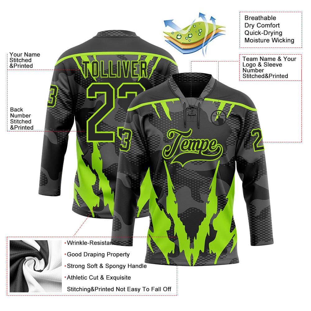 Custom Camo Black-Neon Green 3D Camouflage Hockey Lace Neck Jersey view 5
