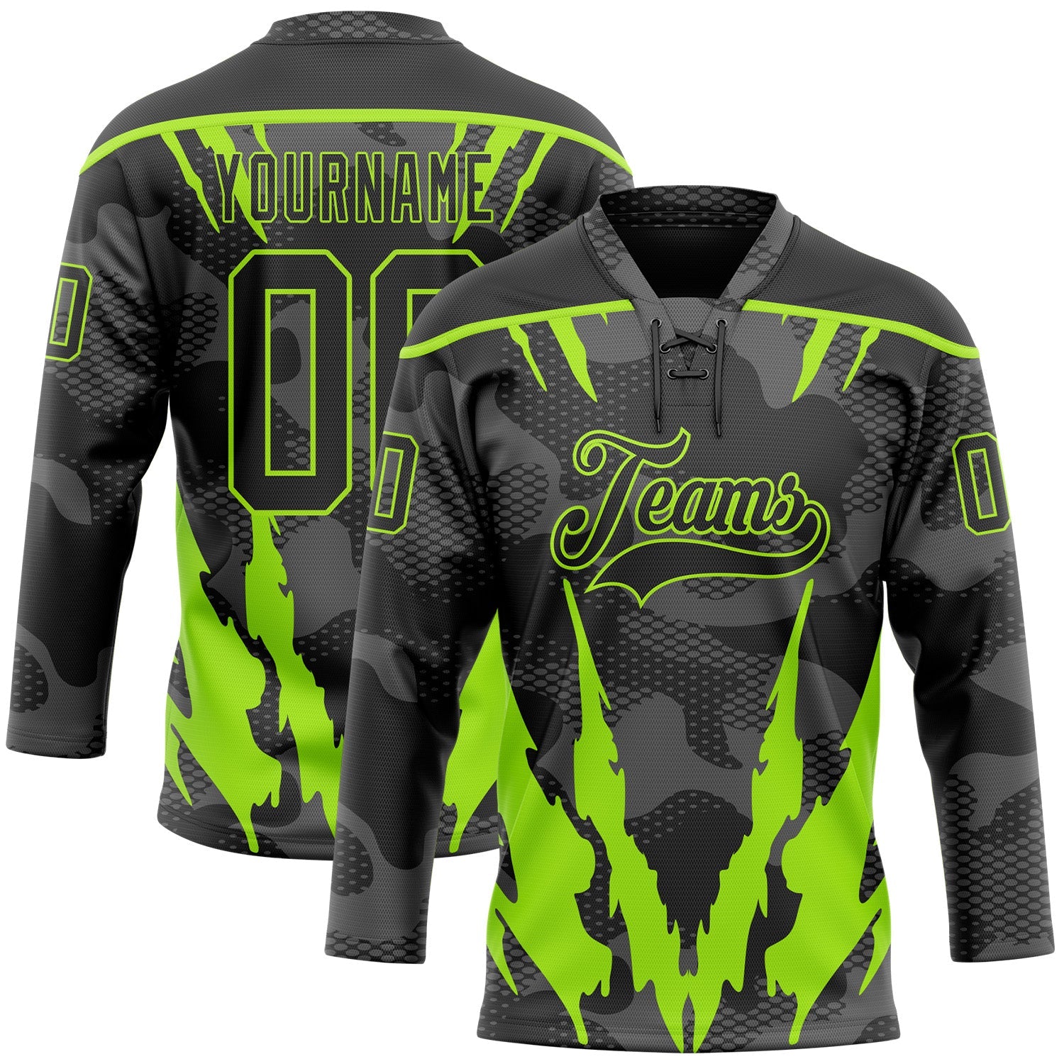 Custom Camo Black-Neon Green 3D Camouflage Hockey Lace Neck Jersey - Main View