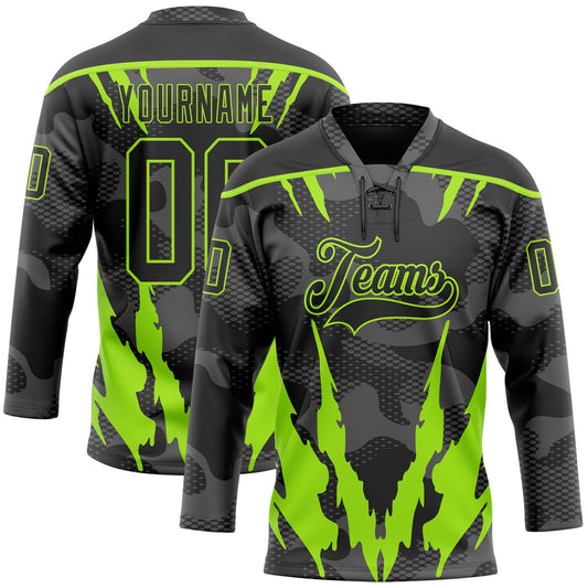 Custom Camo Black-Neon Green 3D Camouflage Hockey Lace Neck Jersey - Main View