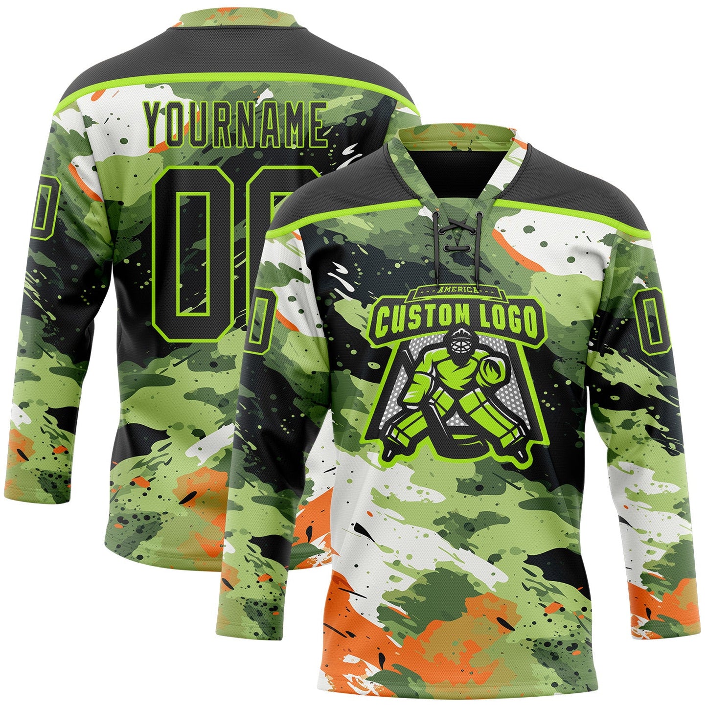 Custom Camo Black-Neon Green 3D Camouflage Hockey Lace Neck Jersey view 2
