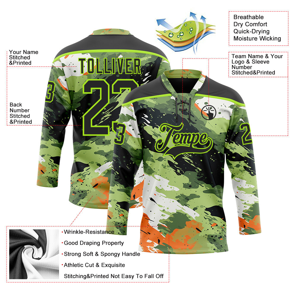 Custom Camo Black-Neon Green 3D Camouflage Hockey Lace Neck Jersey view 5