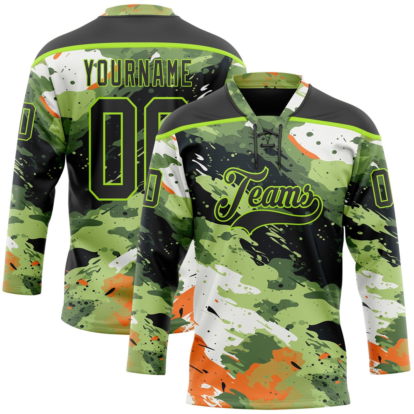 Custom Camo Black-Neon Green 3D Camouflage Hockey Lace Neck Jersey - Main View