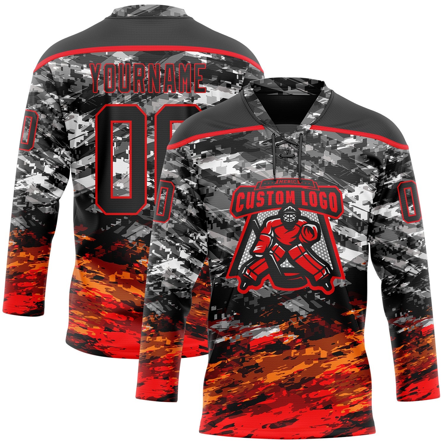 Custom Camo Black-Fire Red 3D Camouflage Hockey Lace Neck Jersey view 2
