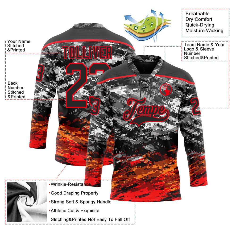Custom Camo Black-Fire Red 3D Camouflage Hockey Lace Neck Jersey view 5