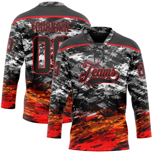 Custom Camo Black-Fire Red 3D Camouflage Hockey Lace Neck Jersey - Main View