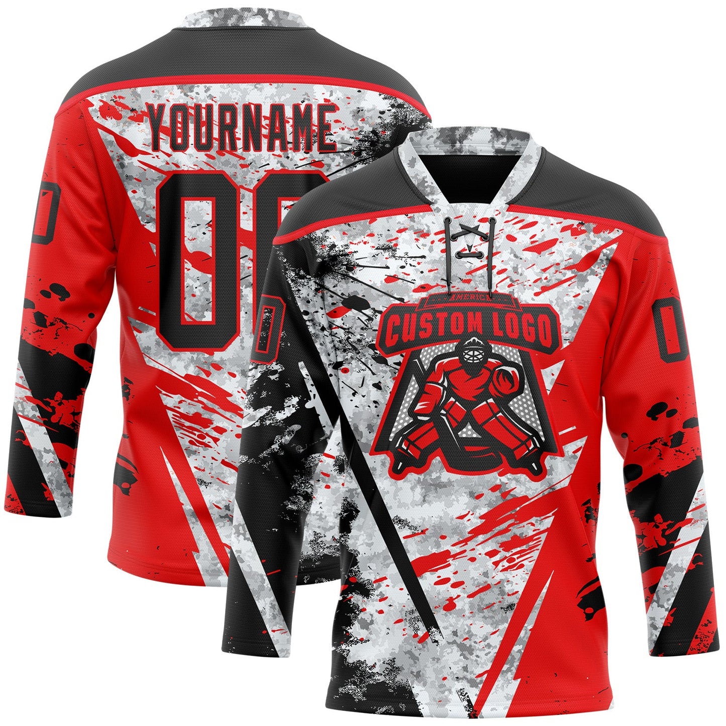 Custom Camo Black-Fire Red 3D Camouflage Grunge Hockey Lace Neck Jersey view 2