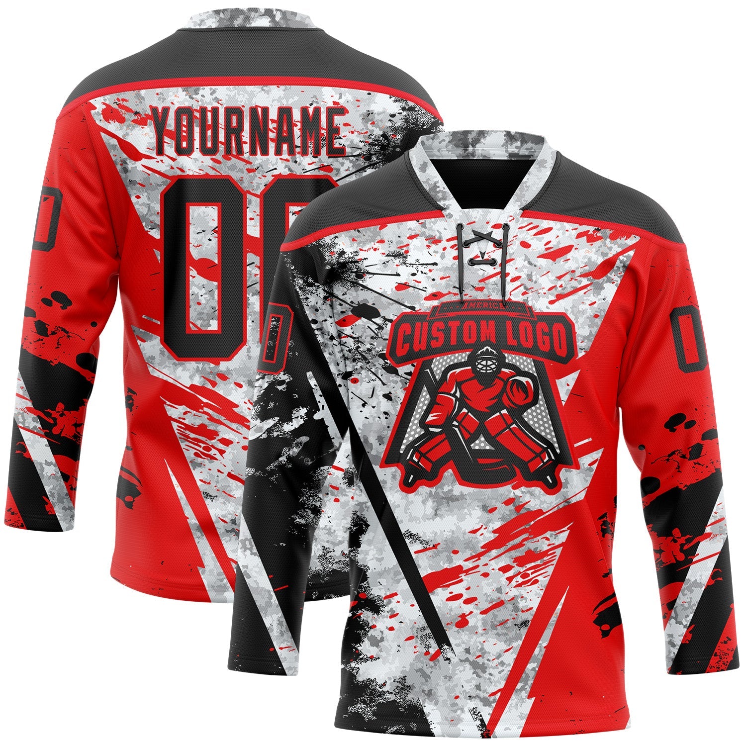 Custom Camo Black-Fire Red 3D Camouflage Grunge Hockey Lace Neck Jersey view 2