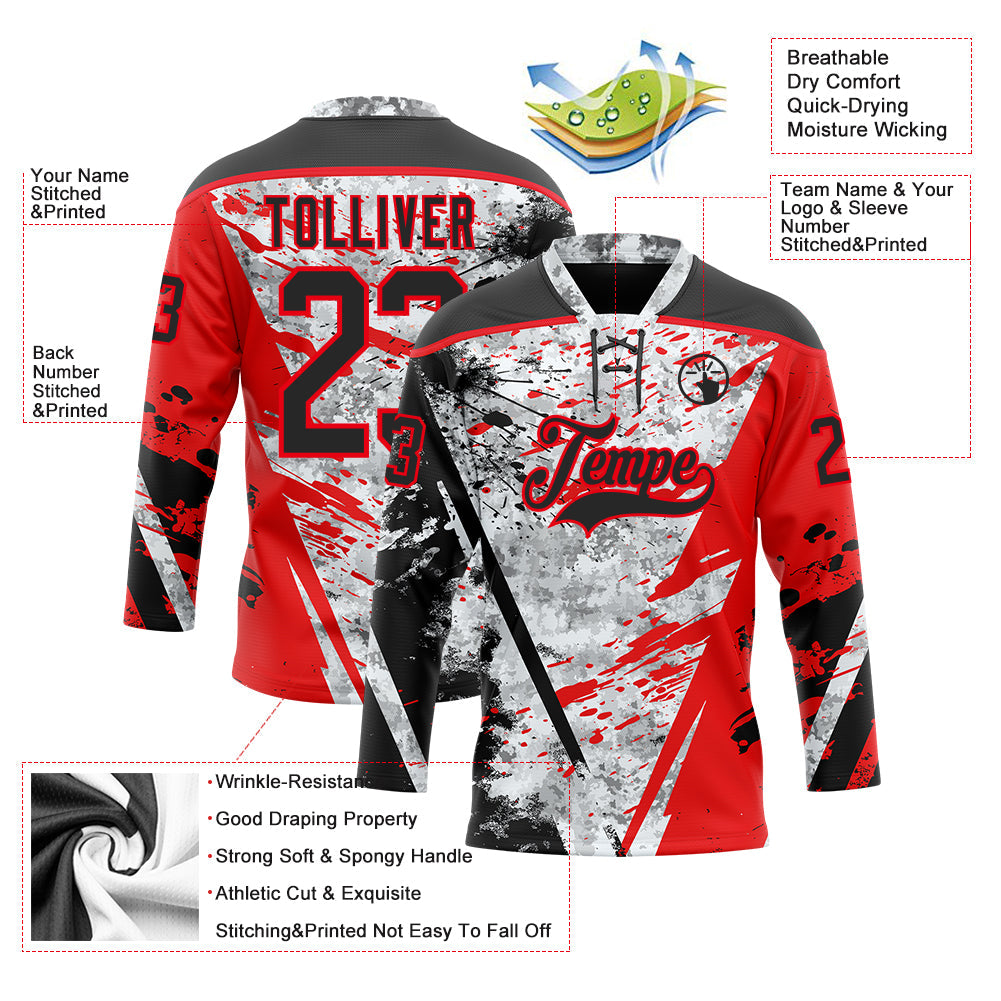 Custom Camo Black-Fire Red 3D Camouflage Grunge Hockey Lace Neck Jersey view 5