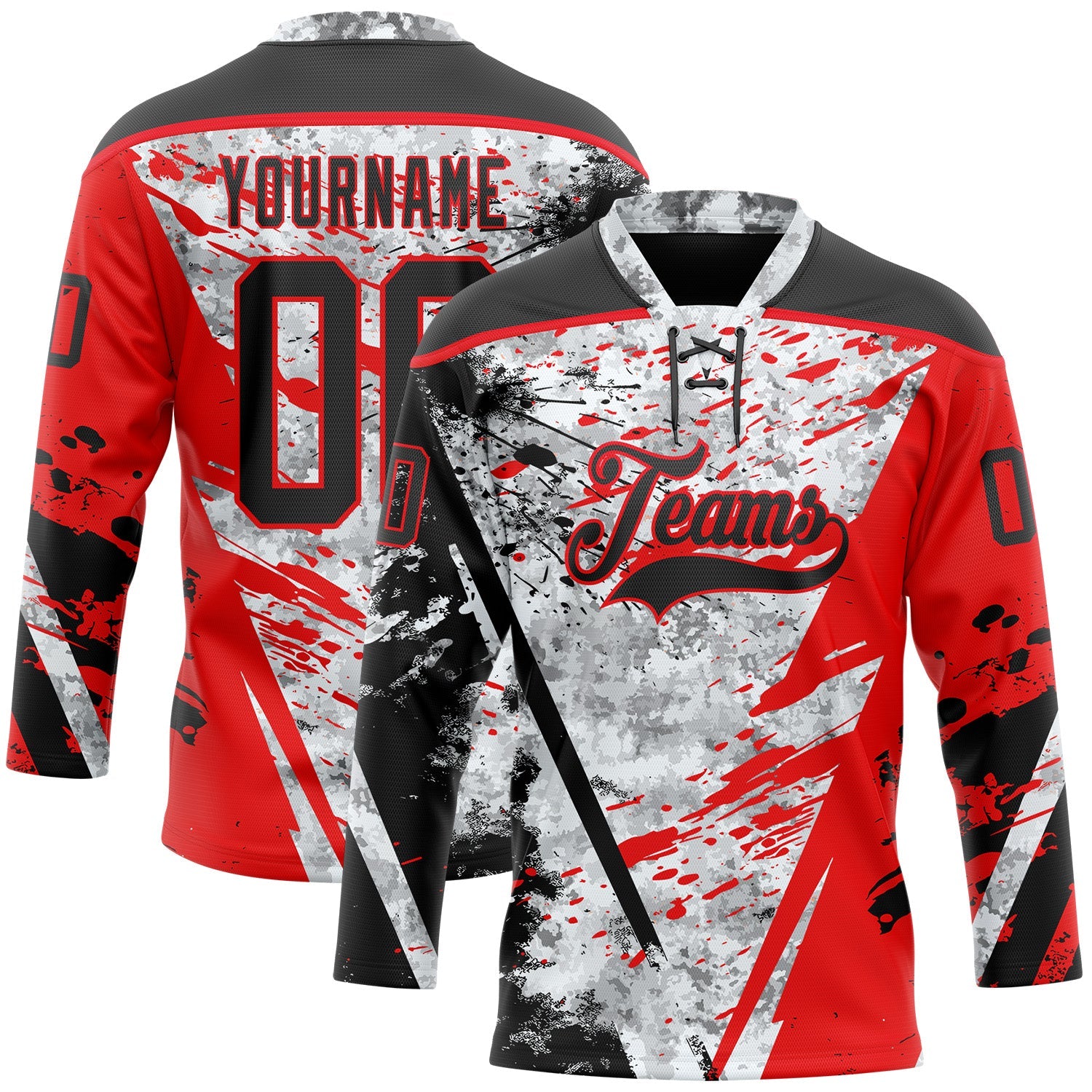 Custom Camo Black-Fire Red 3D Camouflage Grunge Hockey Lace Neck Jersey - Main View