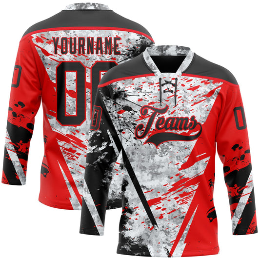 Custom Camo Black-Fire Red 3D Camouflage Grunge Hockey Lace Neck Jersey - Main View