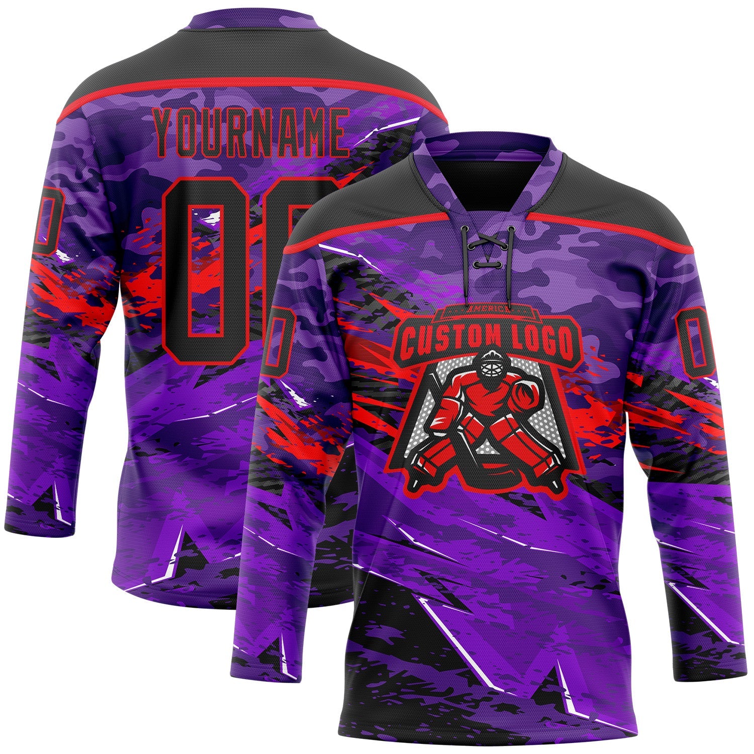 Custom Camo Black Purple-Fire Red 3D Camouflage Grunge Hockey Lace Neck Jersey view 2