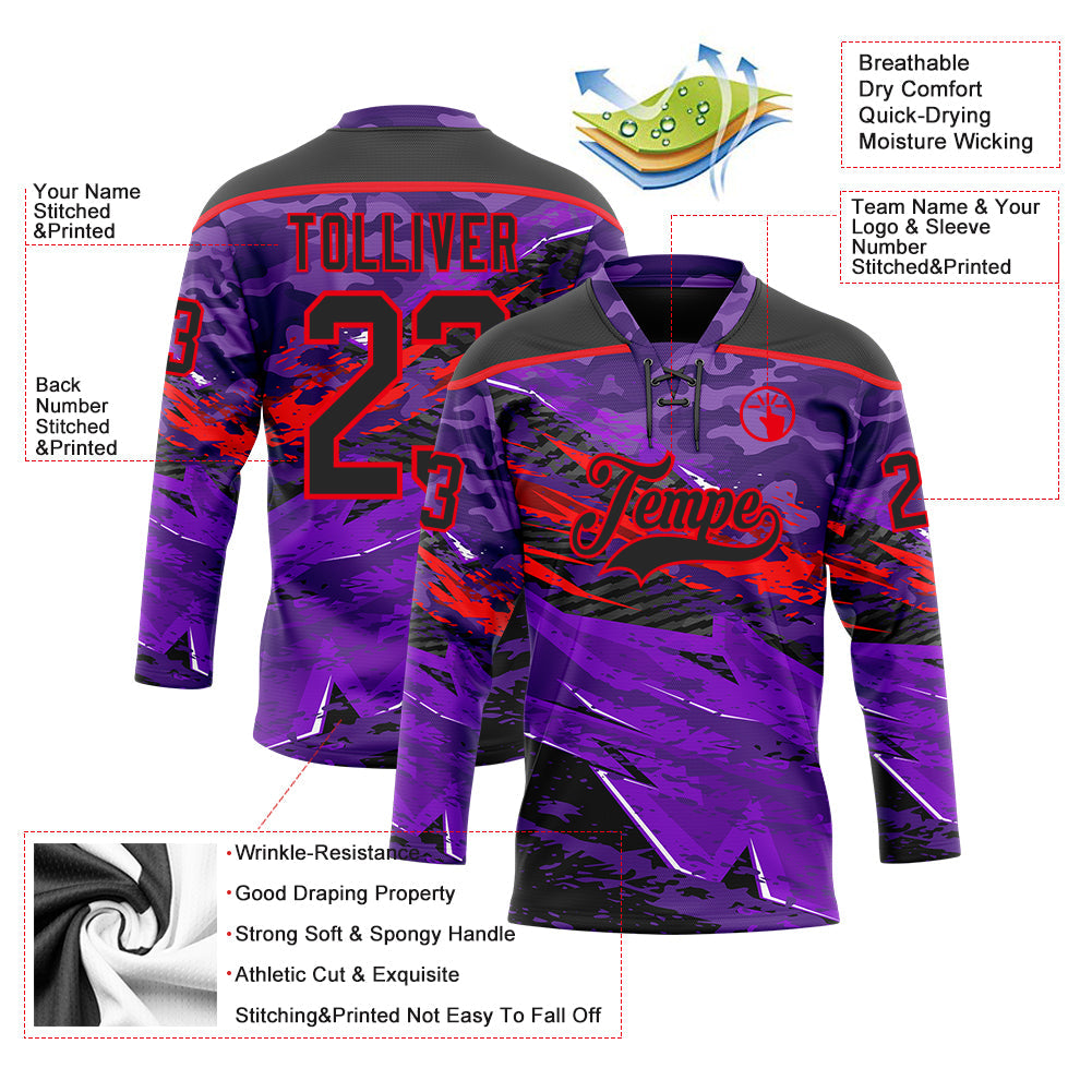 Custom Camo Black Purple-Fire Red 3D Camouflage Grunge Hockey Lace Neck Jersey view 5