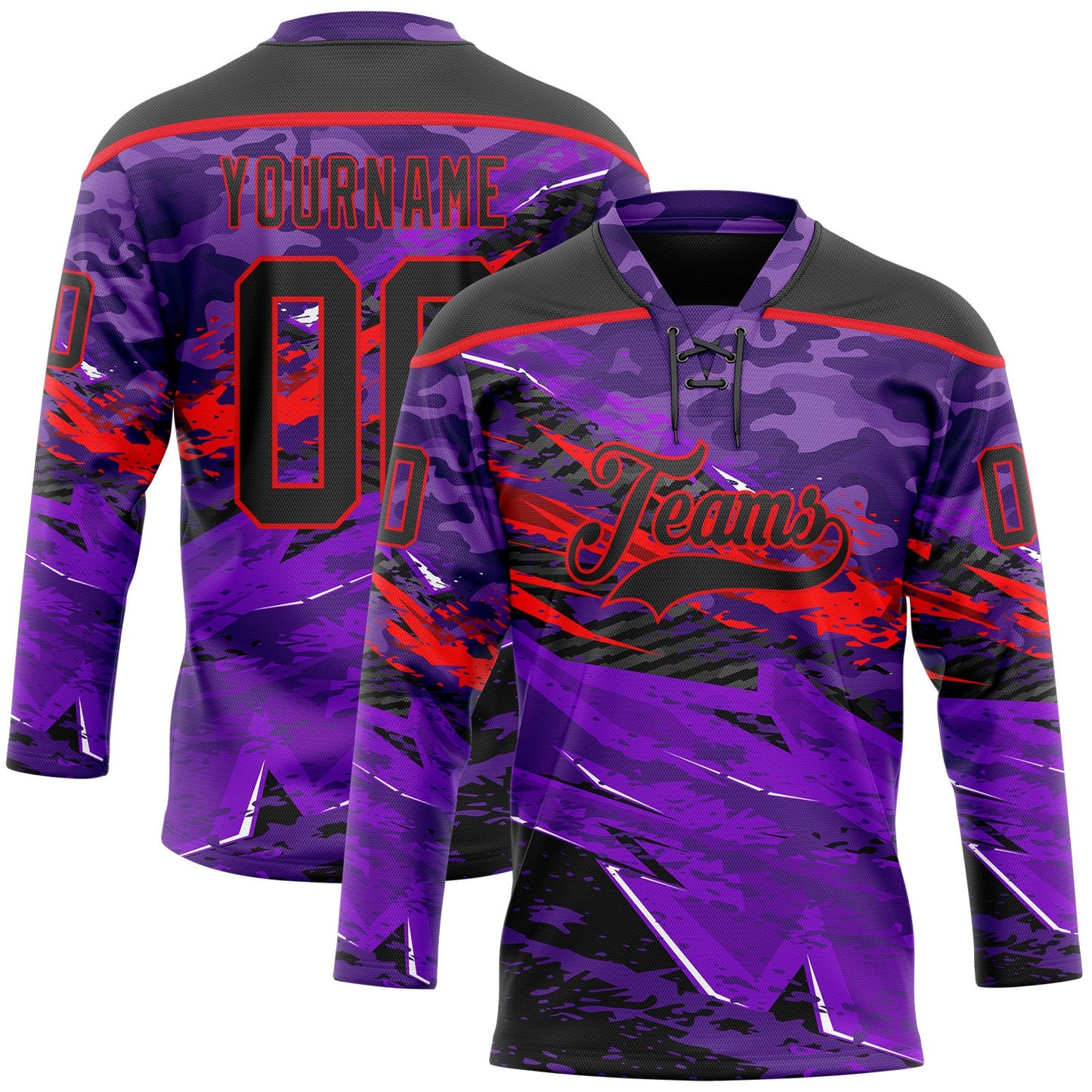 Custom Camo Black Purple-Fire Red 3D Camouflage Grunge Hockey Lace Neck Jersey - Main View